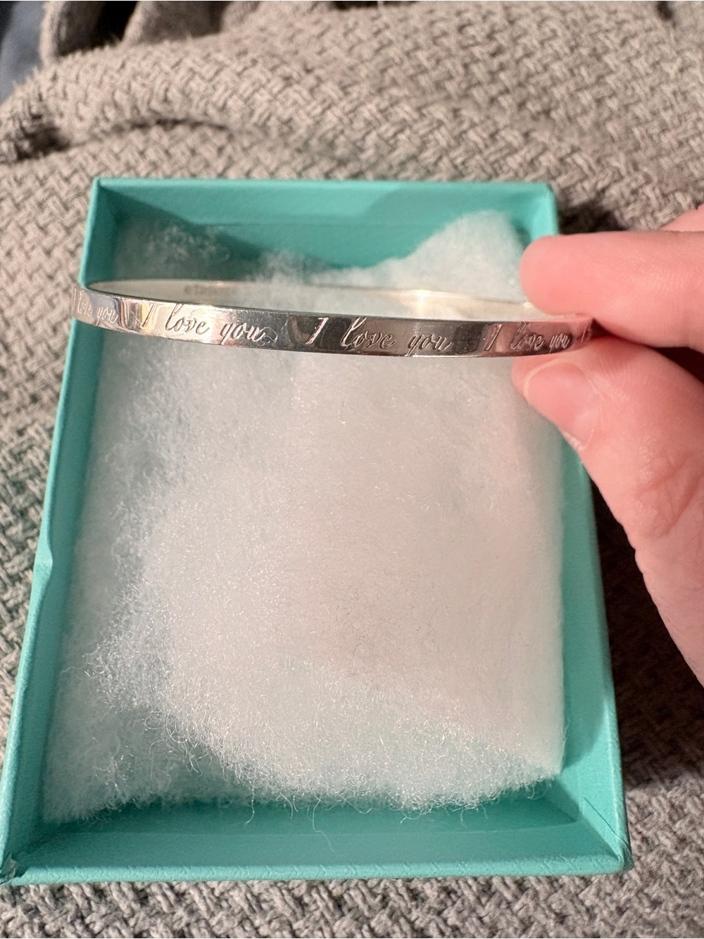 Tiffany & Co. Sterling Silver Engraved 'I love you' Bangle with Blue Box